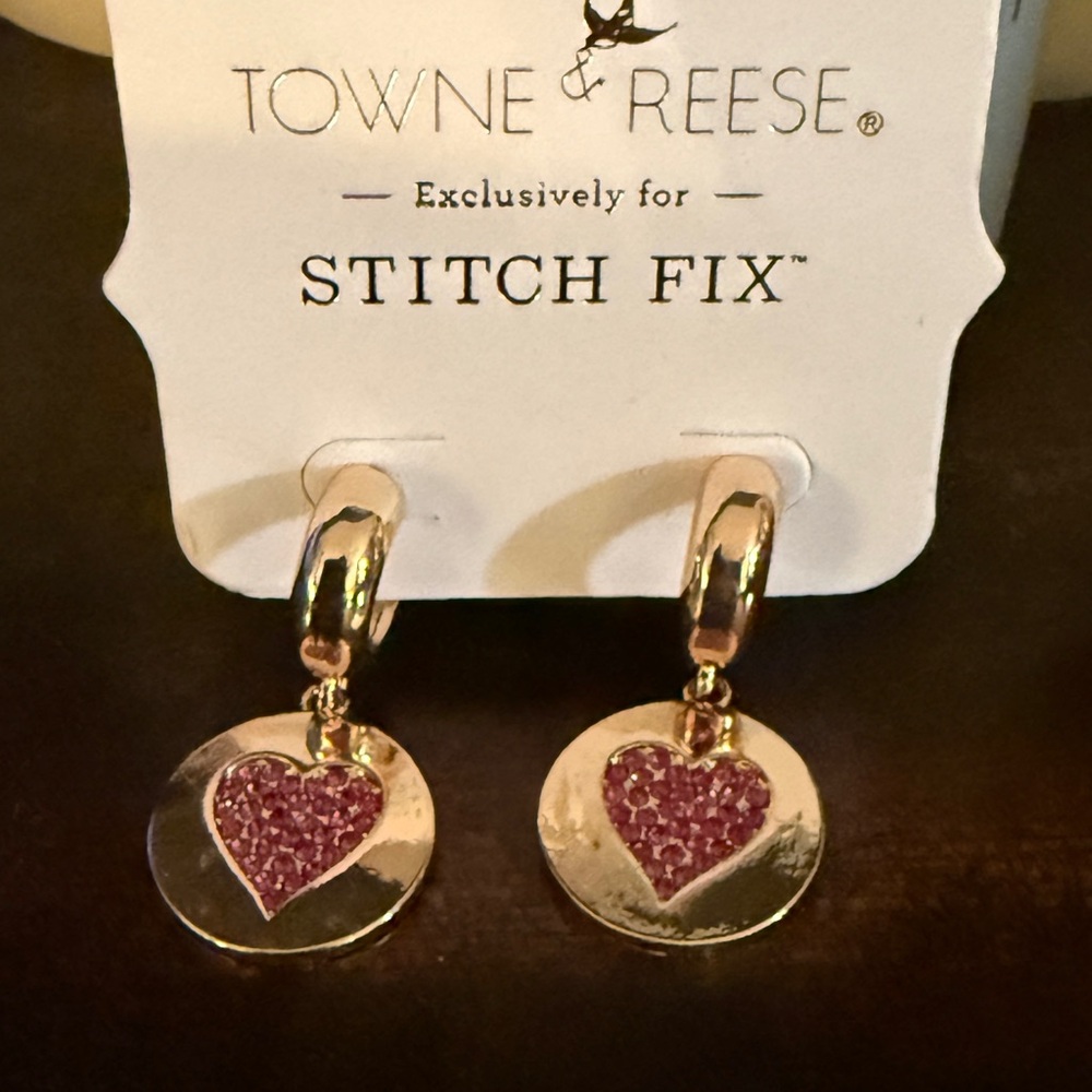 Towne & Reese Gold Hoop Drop Earrings with Pink Heart Discs
